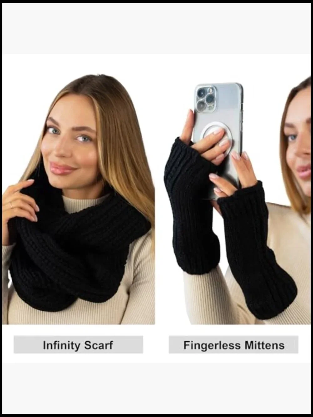 3-Piece Knit Winter Hat Scarf Glove Set, Fingerless Mittens